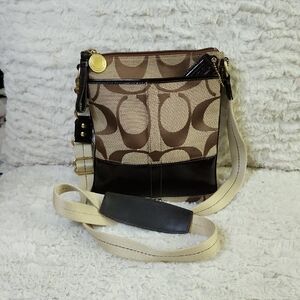 Coach Brown and Tan Signature Crossbody Bag EUC